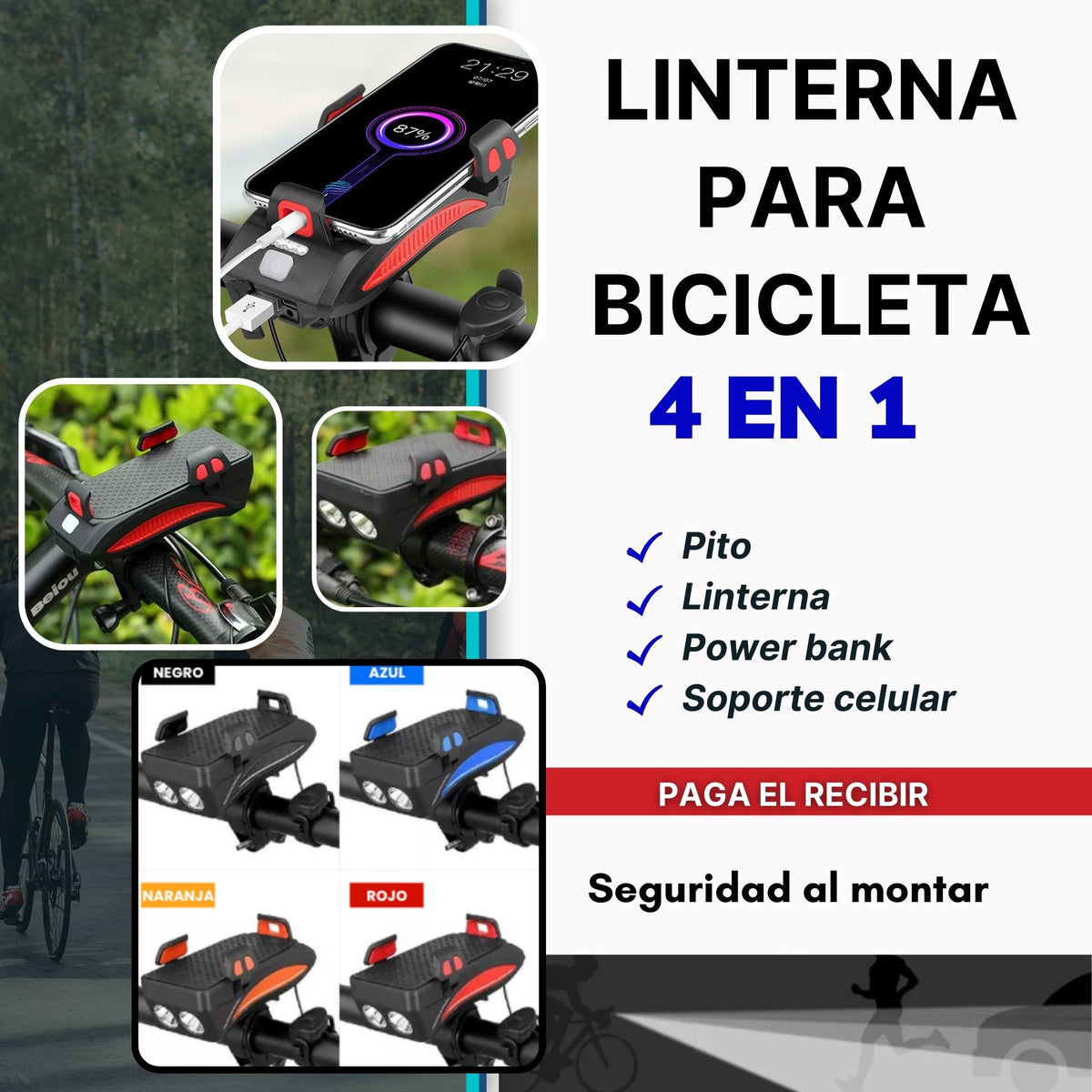 BiciOn 🚴‍♂️✨ Linterna de Bicicleta 4 en 1: Ilumina, Alerta, Sostén y Carga en Cada Viaje! 📢📱🔋 - [PROMOCIÓN DISPONIBLE SOLO HOY]