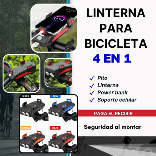 BiciOn 🚴‍♂️✨ Linterna de Bicicleta 4 en 1: Ilumina, Alerta, Sostén y Carga en Cada Viaje! 📢📱🔋 - [PROMOCIÓN DISPONIBLE SOLO HOY]
